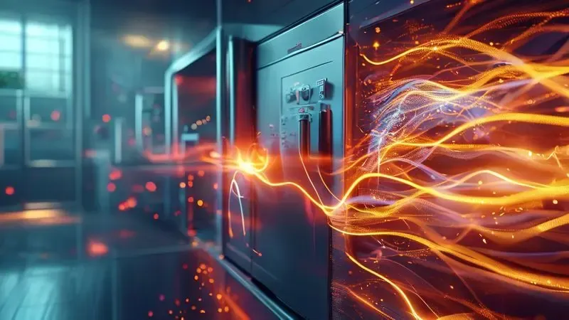 Ilustração conceitual de energia elétrica fluindo para uma geladeira moderna, representando potência