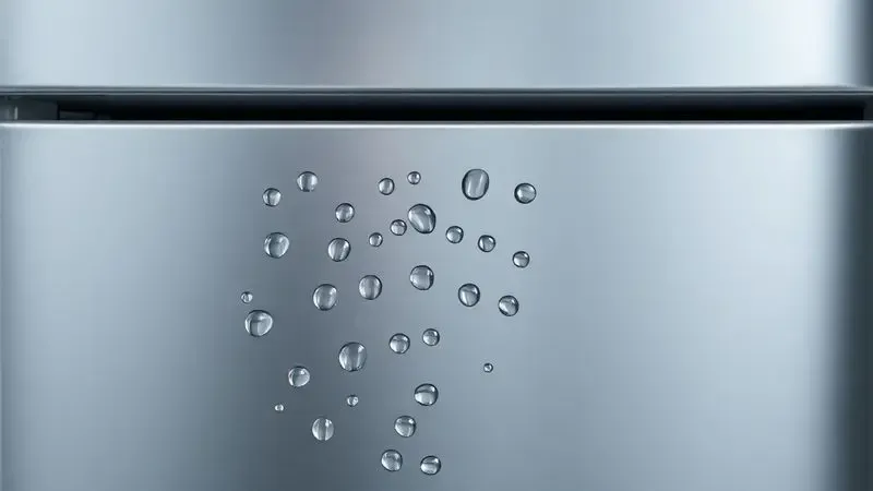 Ilustração conceitual de condensação em geladeira mostrando gotas de água na superfície externa