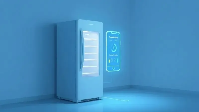 Ilustração de conectividade de geladeira, integrada a um sistema de casa inteligente através de um smartphone ou tablet.