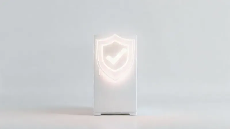 Ilustração conceitual de um escudo de confiança sobre uma geladeira, simbolizando a confiabilidade da marca Midea.