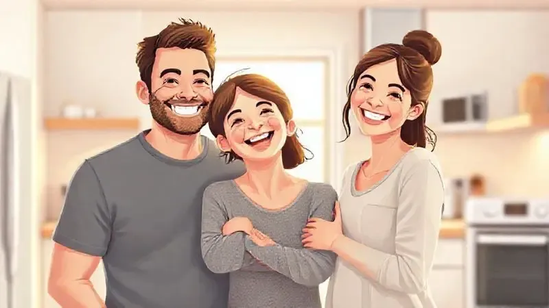 Ilustração de uma família feliz em uma cozinha moderna, simbolizando a confiança e a confiabilidade em eletrodomésticos de qualidade.