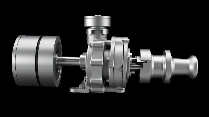 Conjunto mecânico do compressor: pistão, biela e virabrequim mostrando interação e movimento em render 3D realista.