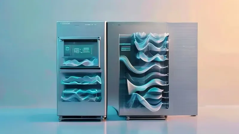 Conceito visual sobre consumo de energia e eficiência energética em geladeiras side by side.