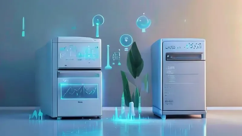 Comparação visual de consumo de energia entre geladeira frost free e modelo tradicional com degelo manual.