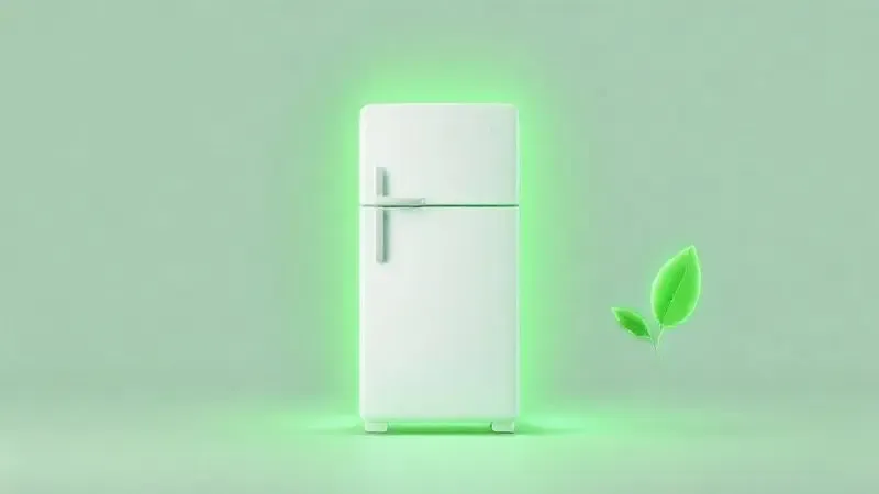 Ilustração simbolizando a eficiência energética de uma geladeira, com um ícone de folha verde representando baixo consumo de energia.