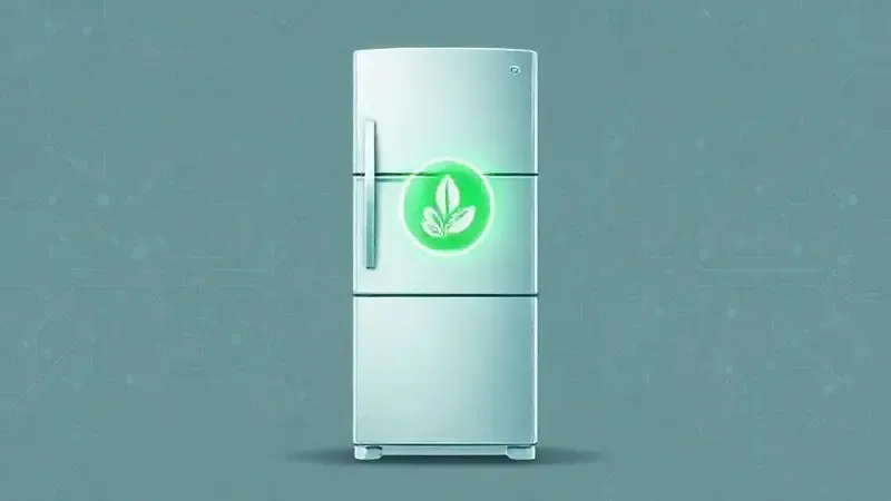 Conceito de eficiência energética em refrigeradores, ilustrado por um símbolo de energia limpa sobre o design de uma geladeira moderna.