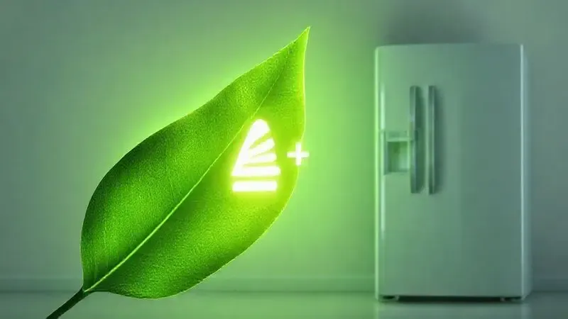 Ilustração conceitual do consumo de energia de uma geladeira, com um símbolo de eficiência energética para representar a economia na conta de luz.