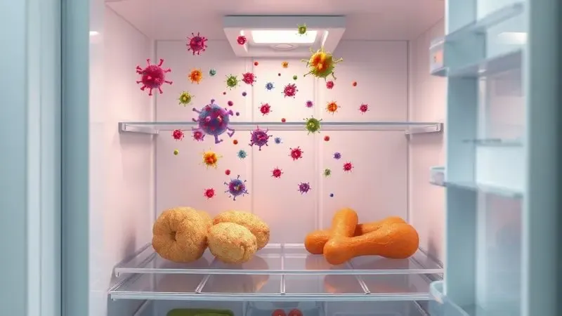 Ilustração conceitual mostrando bactérias e contaminação em geladeira não limpa