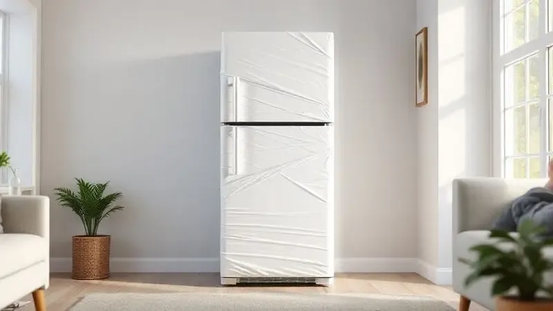 Render conceitual de cuidados pós-envelopamento de geladeira, foco em limpeza suave.