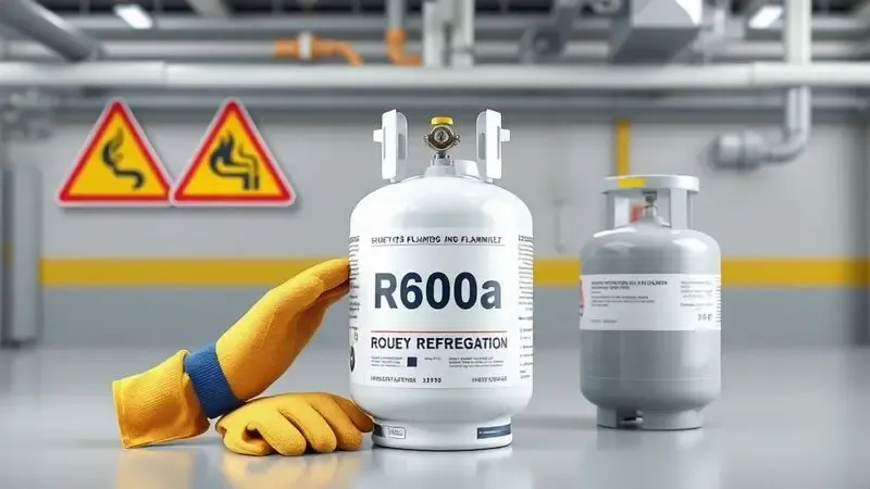 Ilustração de cuidados de segurança com gás R600a inflamável e símbolos de advertência.