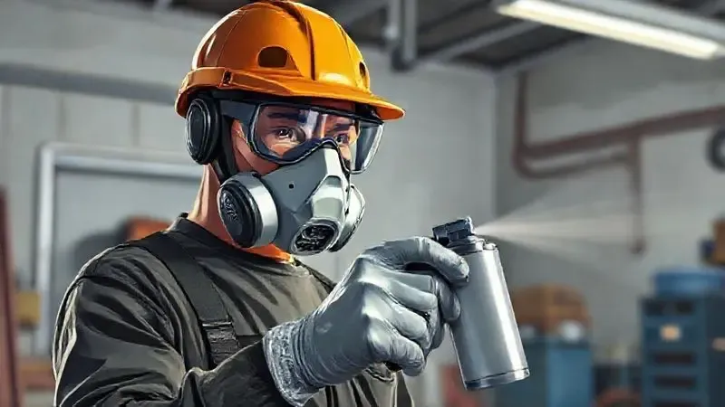 Pessoa utilizando máscara respiratória e óculos de proteção para aplicar tinta spray em geladeira, destacando cuidados de segurança.