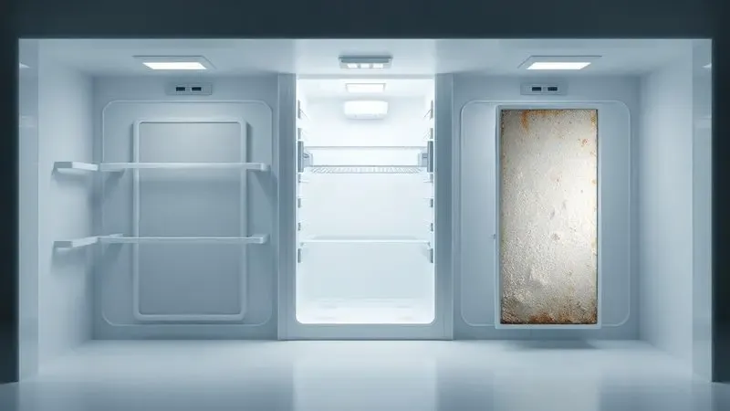 Cena conceitual mostrando o processo de decisão entre limpar ou trocar o filtro da geladeira