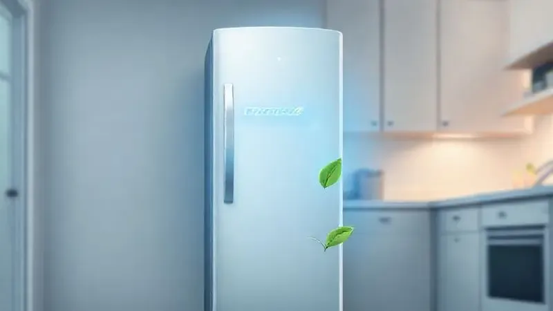Ilustração conceitual de uma geladeira silenciosa e econômica com aura de energia azul e folha verde simbolizando baixo consumo.