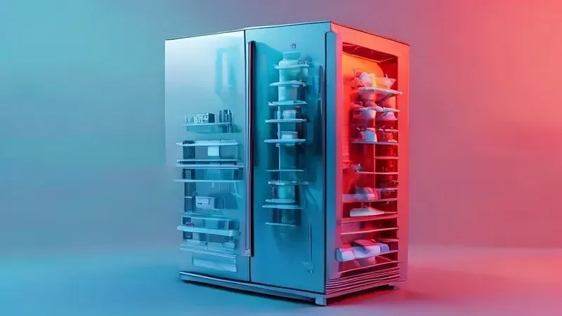 Ilustração técnica mostrando desequilíbrio de temperatura entre freezer e geladeira com freezer frio e parte inferior morna