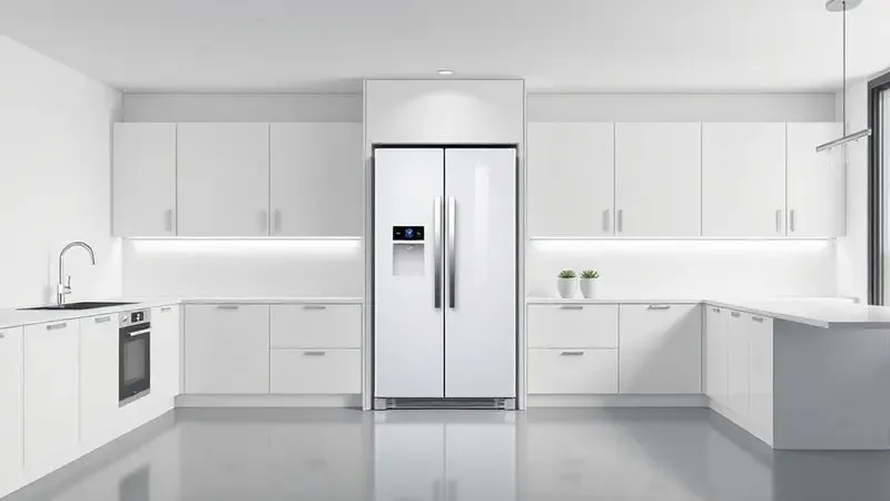 Ilustração conceitual de uma cozinha moderna e elegante com uma geladeira de design slim perfeitamente integrada aos armários.