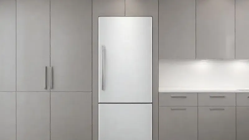 Ilustração conceitual do design de uma geladeira moderna integrada a uma cozinha planejada, destacando linhas e acabamento.
