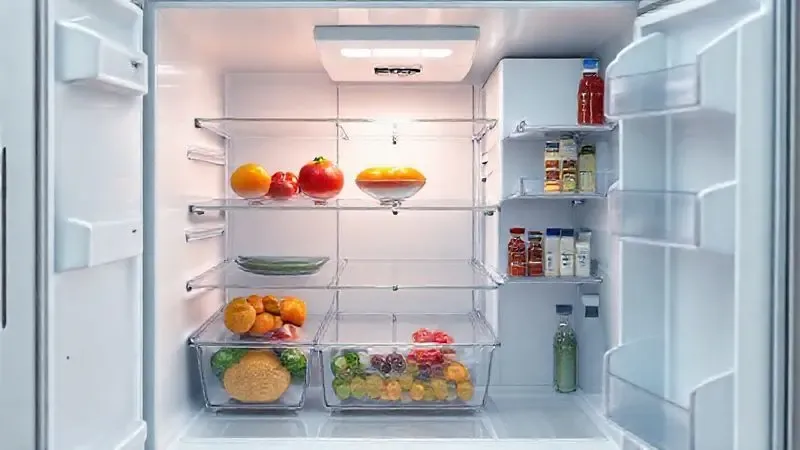 Render 3D mostrando o design interno otimizado de uma geladeira compacta com prateleiras ajustáveis e gavetas.
