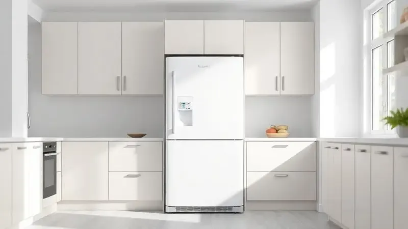 Render 3D artístico mostrando uma geladeira de design minimalista integrada a uma cozinha moderna e bem iluminada, destacando sua estética atemporal.