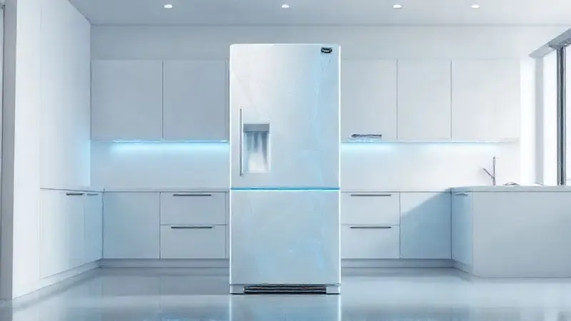 Ilustração 3D de uma cozinha moderna, destacando um design minimalista e a eficiência energética de um refrigerador conceitual.