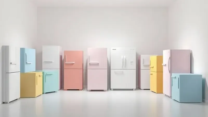 Ilustração conceitual de várias geladeiras com designs e cores diferentes, representando a variedade de modelos disponíveis no mercado.