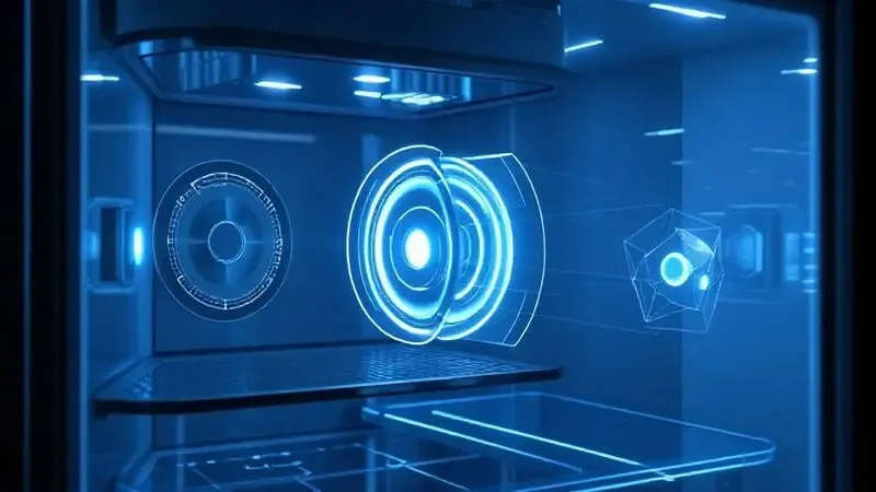 Render artístico detalhado mostrando componentes internos de alta tecnologia, como sensores e câmeras, em uma geladeira inteligente.