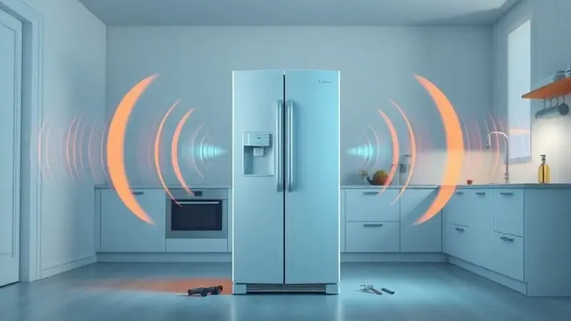 Ilustração conceitual de ondas sonoras saindo de uma geladeira, representando diagnósticos de barulhos e problemas mecânicos.