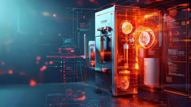 Ilustração conceitual de diagnóstico térmico mostrando padrões de calor em compressor com problema
