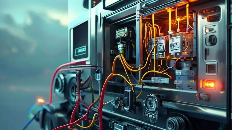 Ilustração conceitual de diagnóstico elétrico em geladeira de caminhão com conexões de fiação e bateria.