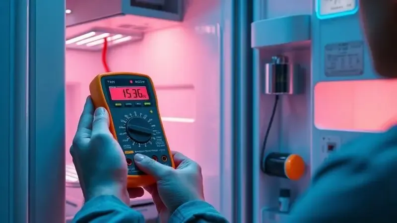 Cena conceitual de diagnóstico com multímetro digital sendo usado para identificar problemas em componentes de geladeira.