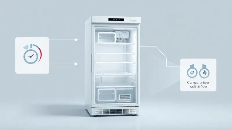 Diagrama conceitual ilustrativo de componentes do sistema de refrigeração de geladeira comercial