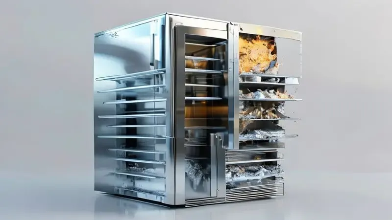 Diagrama conceitual mostrando as camadas de uma geladeira de inox e o processo de descascamento