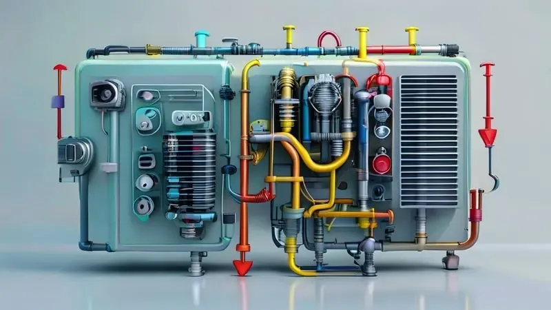 Diagrama ilustrativo dos quatro componentes principais de um sistema de refrigeração: compressor, condensador, evaporador e válvula de expansão