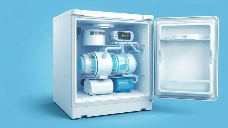 Diagrama ilustrativo mostrando o compressor e seu funcionamento no sistema de refrigeração de uma geladeira