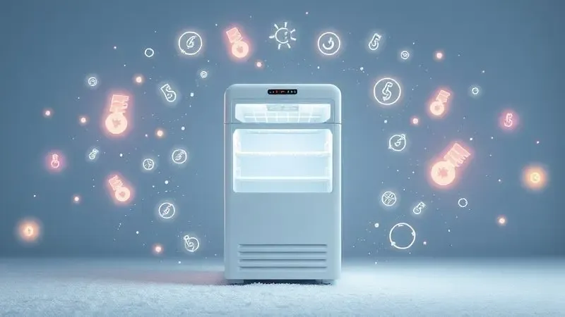 Ilustração conceitual de freezer eficiente em energia com símbolos de economia