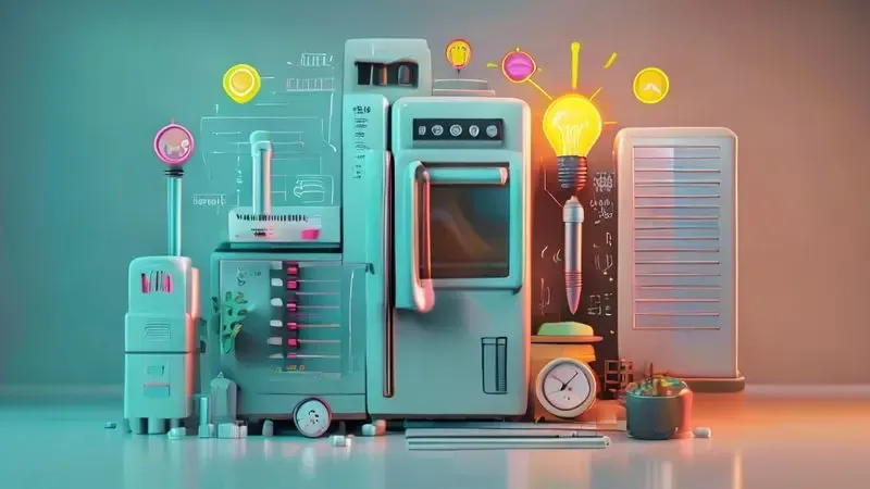 Ilustração conceitual sobre economia de energia em geladeiras com símbolos visuais de eficiência energética