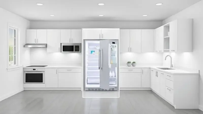 Ilustração conceitual de posicionamento ideal de geladeira em cozinha planejada, mostrando integração e ventilação adequada.