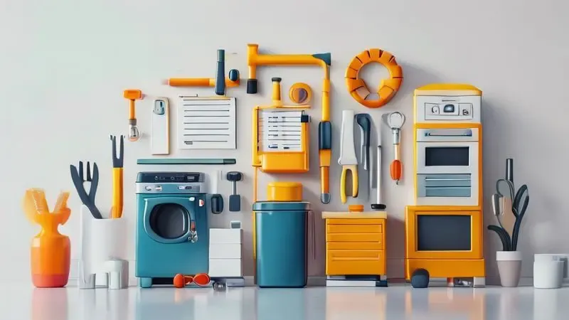 Render artístico de conceito de manutenção de eletrodomésticos com ferramentas e checklist