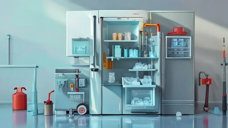 Ilustração conceitual de manutenção do sistema de gelo de geladeira com dicas de limpeza.