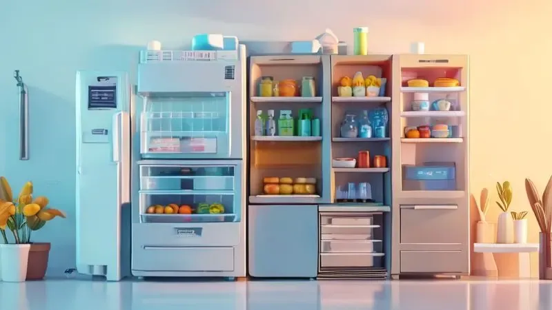 Ilustração conceitual com dicas visuais para reduzir consumo de energia de geladeiras existentes