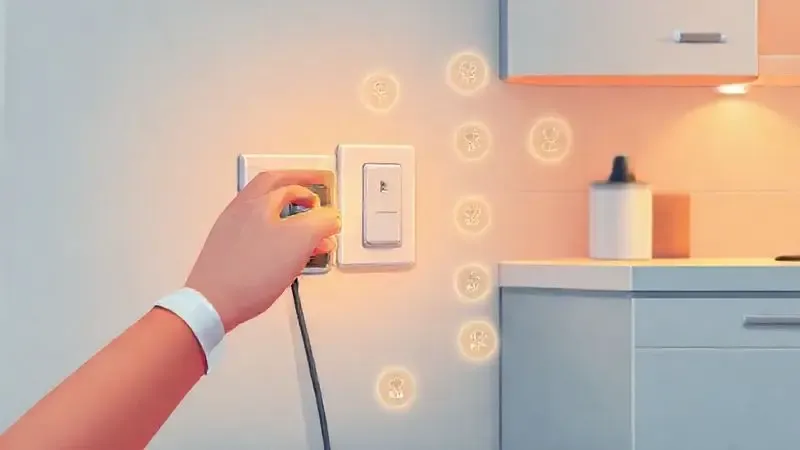 Ilustração digital realista de uma mão conectando um aparelho com segurança, simbolizando dicas de utilização e segurança elétrica na cozinha.