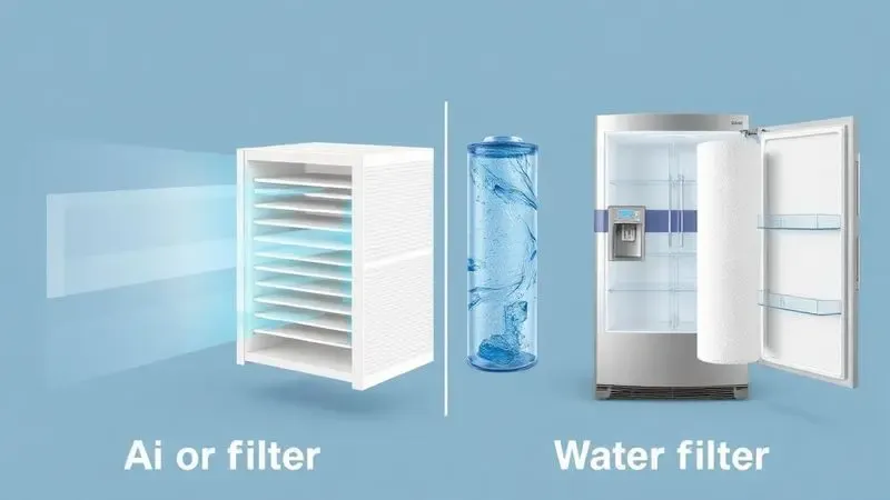 Ilustração conceitual comparando filtro de ar antiodor versus filtro de água em geladeira