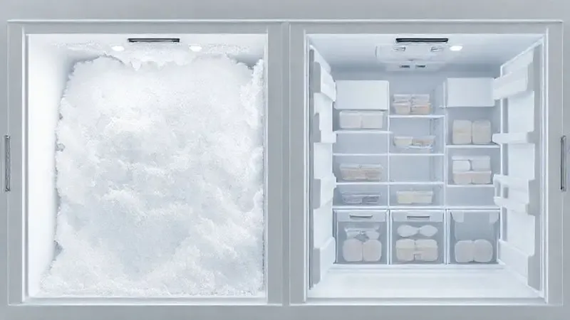 Ilustração conceitual comparando um freezer com acúmulo de gelo (Cycle Defrost) e outro totalmente limpo (Frost Free), destacando a praticidade da tecnologia.
