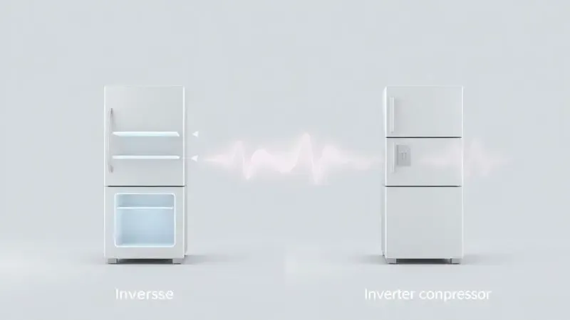 Ilustração 3D comparando a tecnologia Inverse, com o freezer na parte inferior, e a tecnologia Inverter, que representa a estabilidade do motor.