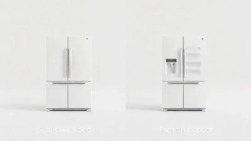 Ilustração 3D comparando a configuração de portas de uma geladeira side by side e uma french door para mostrar a diferença visual entre os modelos.