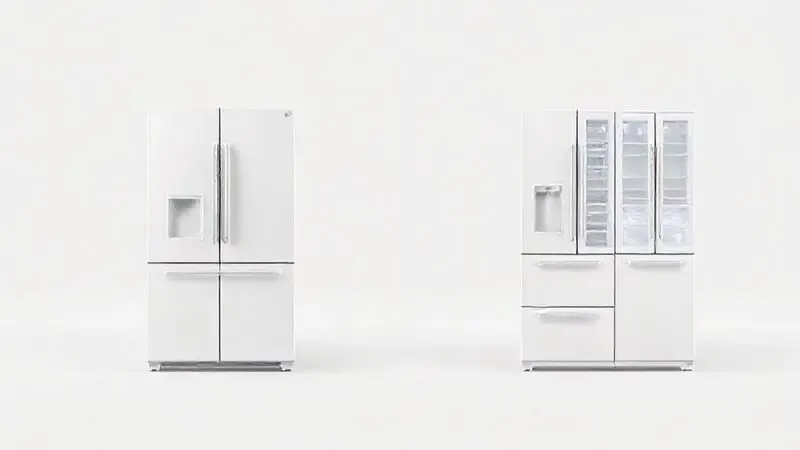 Comparativo visual ilustrativo entre uma geladeira do tipo side by side e uma multidoor, destacando a diferença na organização das portas.