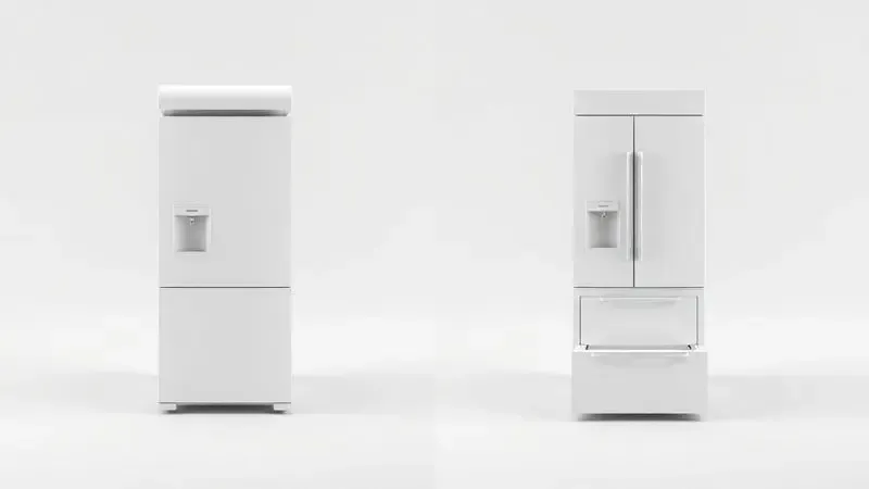 Ilustração comparativa mostrando a diferença de design entre uma geladeira tradicional e uma geladeira inverse, com o freezer na parte inferior.