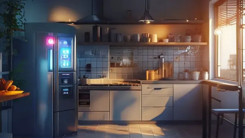 Cena conceitual mostrando diferença entre luz interna e painel de controle piscando em geladeira