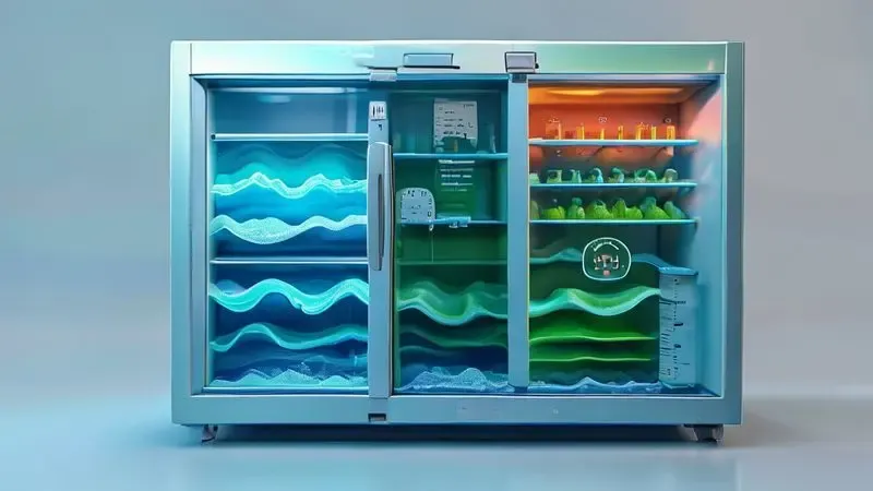 Ilustração em corte mostrando diferença de temperatura entre refrigerador e freezer com zonas coloridas indicando variações térmicas