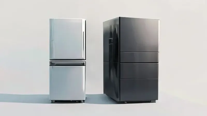 Ilustração conceitual comparando os designs french door e inverse de geladeiras.