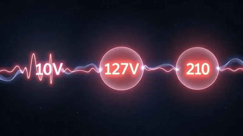 Ilustração conceitual mostrando as diferenças entre as tensões 110V, 127V e 220V no sistema elétrico brasileiro.